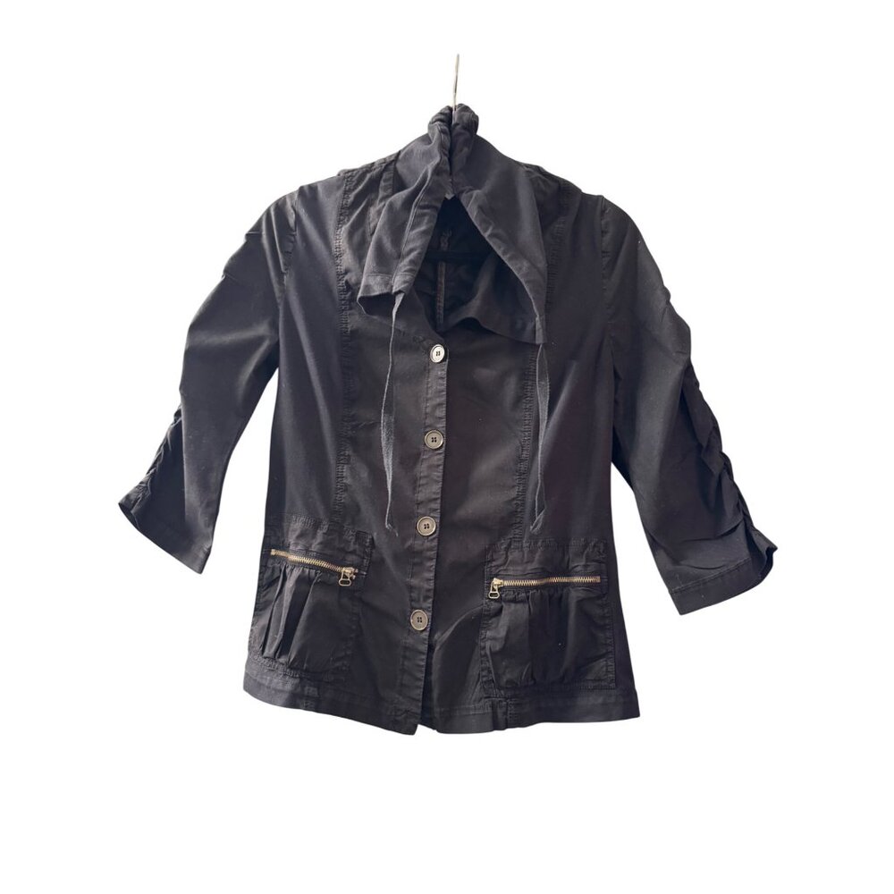 Black Womens Button-Up Jacket With Zipper Pockets & Ruched Sleeves By Wearables